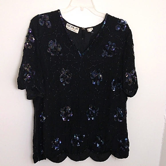 Vintage Scala Silk‎ Floral Beaded Sequin Blouse Women's Size 3X Scalloped Hem - Picture 1 of 7